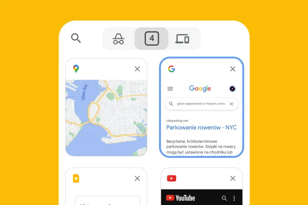 Przeglądarka mobilna wczytuje karty z przeglądarki na komputerze, w tym Mapy Google i informacje o parkingach w Nowym Jorku.