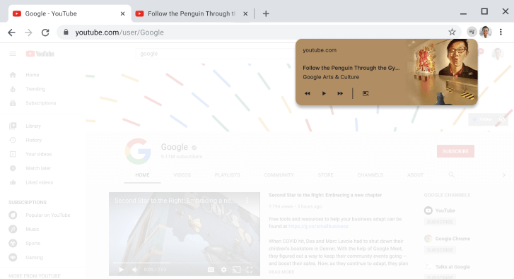 Okno przeglądarki Chrome z otwartym oknem dialogowym opcji sterowania multimediami.