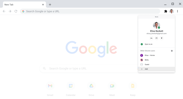 Przeglądarka Chrome wyświetlająca okno przełączania profilu.