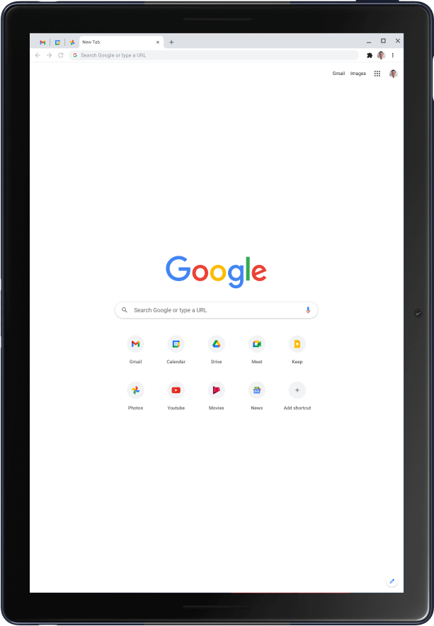Tablet Pixel Slate w trybie portretowym ze stroną główną Google.