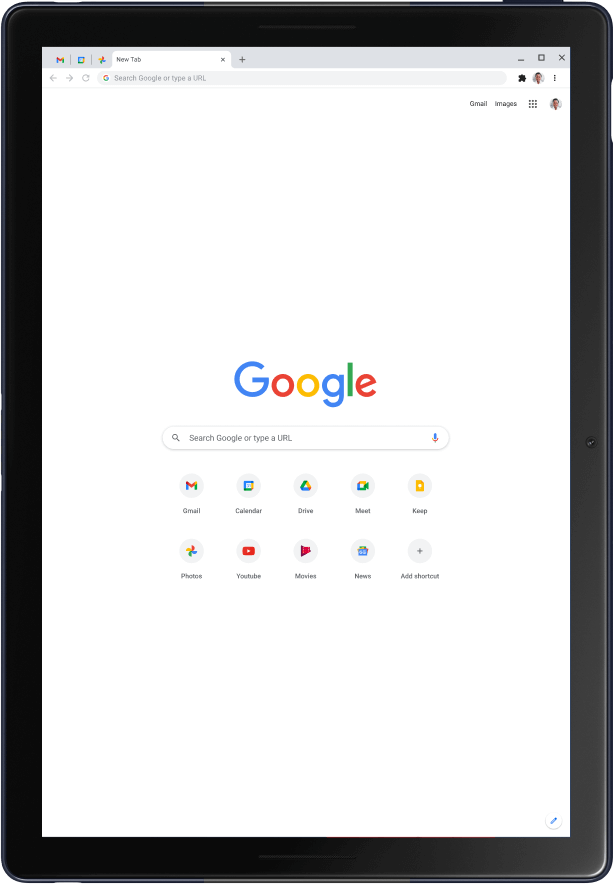 Tablet Pixel Slate w trybie portretowym ze stroną główną Google.