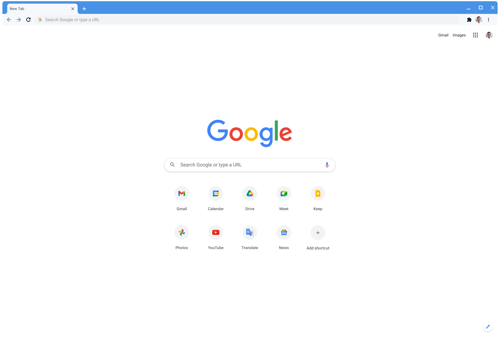 Okno przeglądarki Chrome z motywem klasycznym i otwartą stroną Google.com