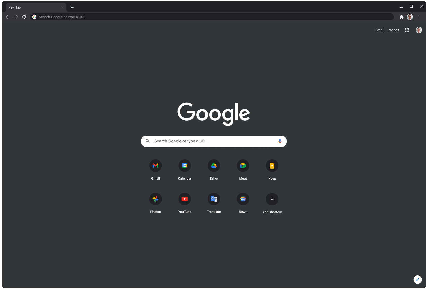 Okno przeglądarki Chrome w trybie ciemnym z otwartą stroną Google.com