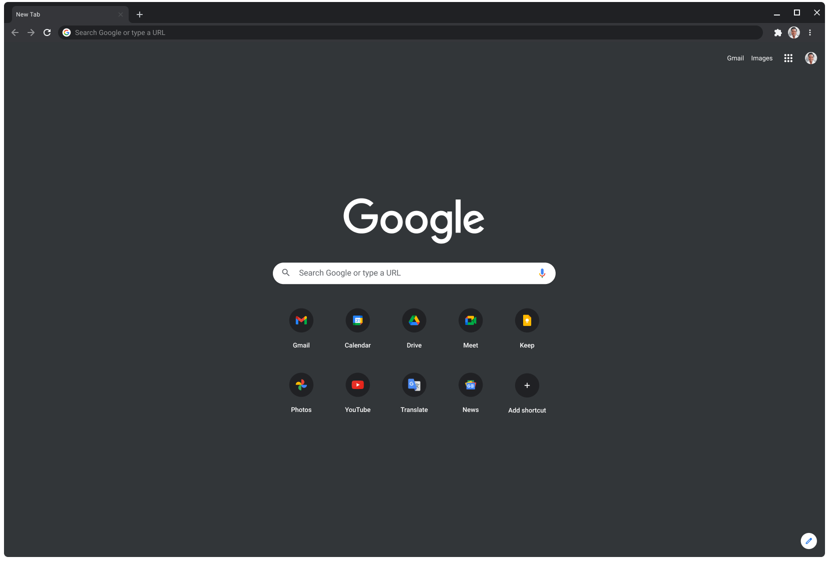 Okno przeglądarki Chrome w trybie ciemnym z otwartą stroną Google.com