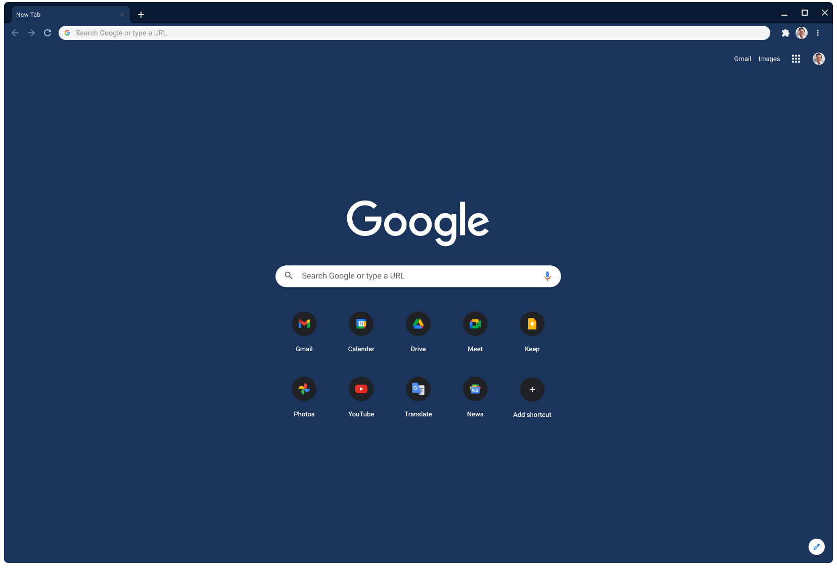 Okno przeglądarki Chrome z motywem Slate i otwartą stroną Google.com