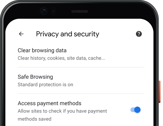 Strona ustawień prywatności i zabezpieczeń w przeglądarce Chrome na urządzeniu mobilnym.