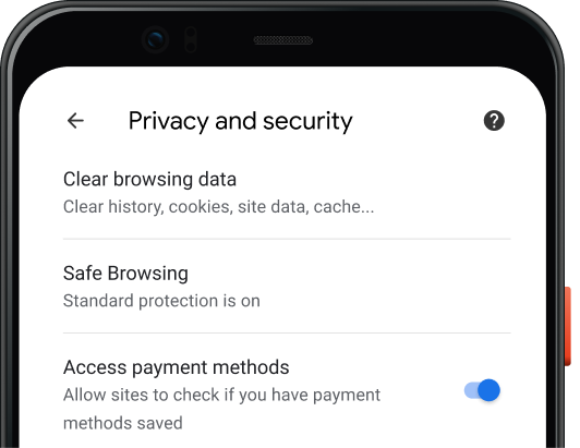 Strona ustawień prywatności i zabezpieczeń w przeglądarce Chrome na urządzeniu mobilnym.