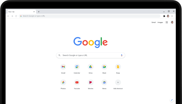 Lewy górny róg laptopa Pixelbook Go z adresem Google.com widocznym na pasku adresu oraz ulubionymi aplikacjami.