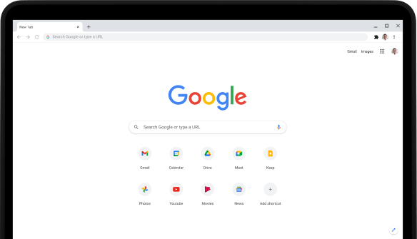 Lewy górny róg laptopa Pixelbook Go z adresem Google.com widocznym na pasku adresu oraz ulubionymi aplikacjami.