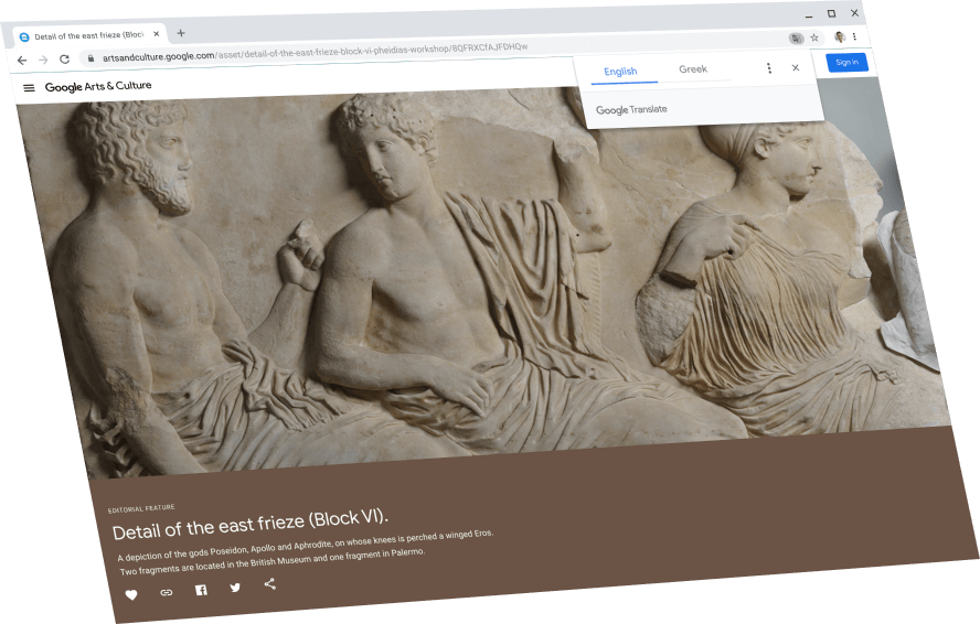 Strona Google Kultura i sztuka z oknem Tłumacza Google powyżej, z tłumaczeniem na angielski.