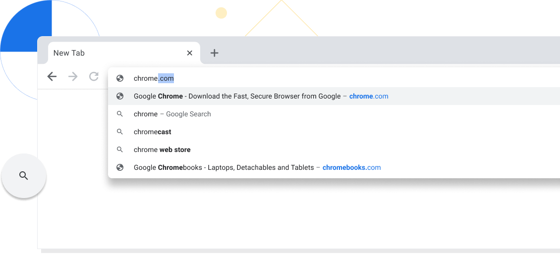 Powiększony widok nowej karty w oknie przeglądarki Chrome z adresem chrome.com wpisanym na pasku adresu.