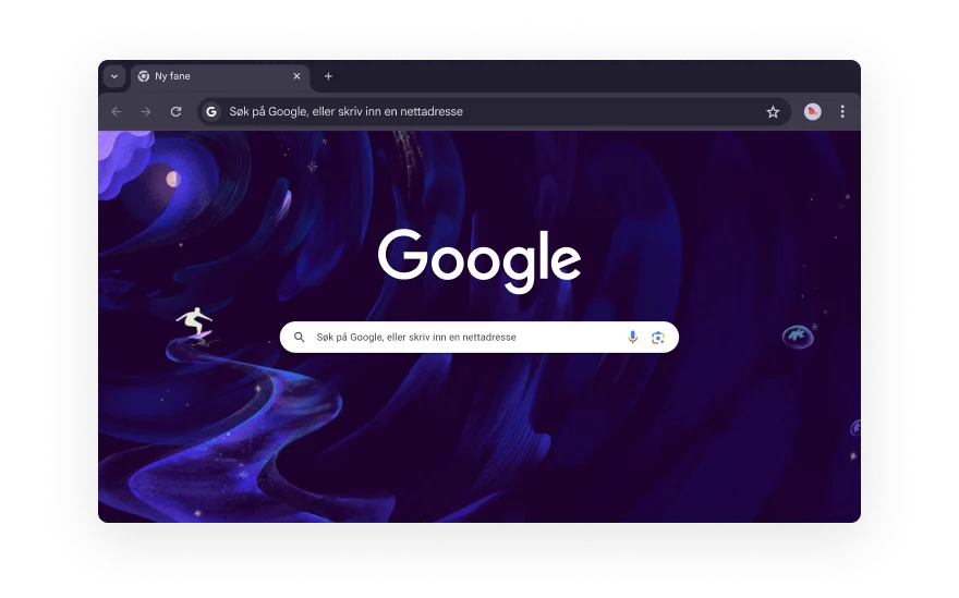 Et abstrakt Chrome-UI er omgitt av ikoner som representerer kategorier for nettleserutvidelser. Ikonene representerer shopping, underholdning, verktøy, kunst og design og tilgjengelighet.