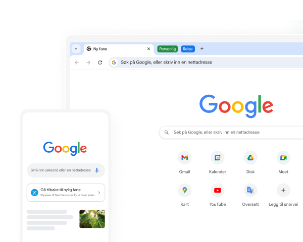 Både en mobilenhet og en datamaskin viser Google-startsiden i Chrome.
