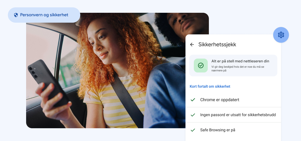 En kvinne ser på telefonen sin. Det er elementer med teksten «Personvern og sikkerhet» og et varsel om passord som er utsatt for sikkerhetsbrudd.