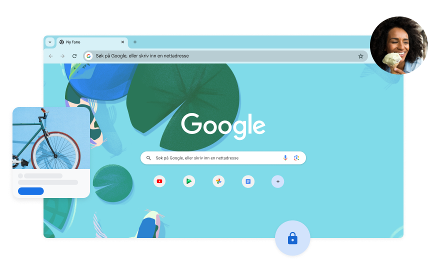 Bakgrunnen for Google Søk-siden har en blå illustrasjon av fisk i en dam. I et hjørne er det et bilde av en kvinne.