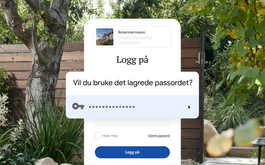 En påloggingsside for en reisereservasjon som spør om brukeren vil bruke et lagret passord. I bakgrunnen er det en naturscene.