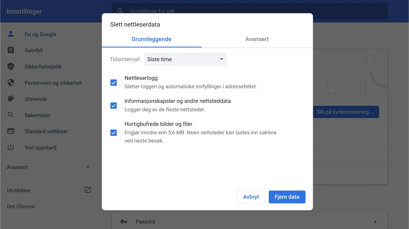Innstillingsvindu i Chrome-nettleseren som viser Slett nettlesingsdata-alternativmenyen.