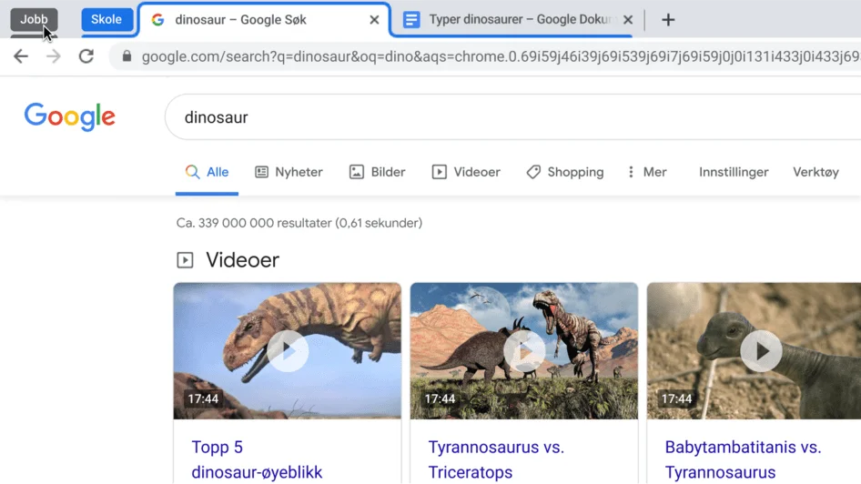 Chrome-nettleservindu som viser en fanegruppe som skjules.