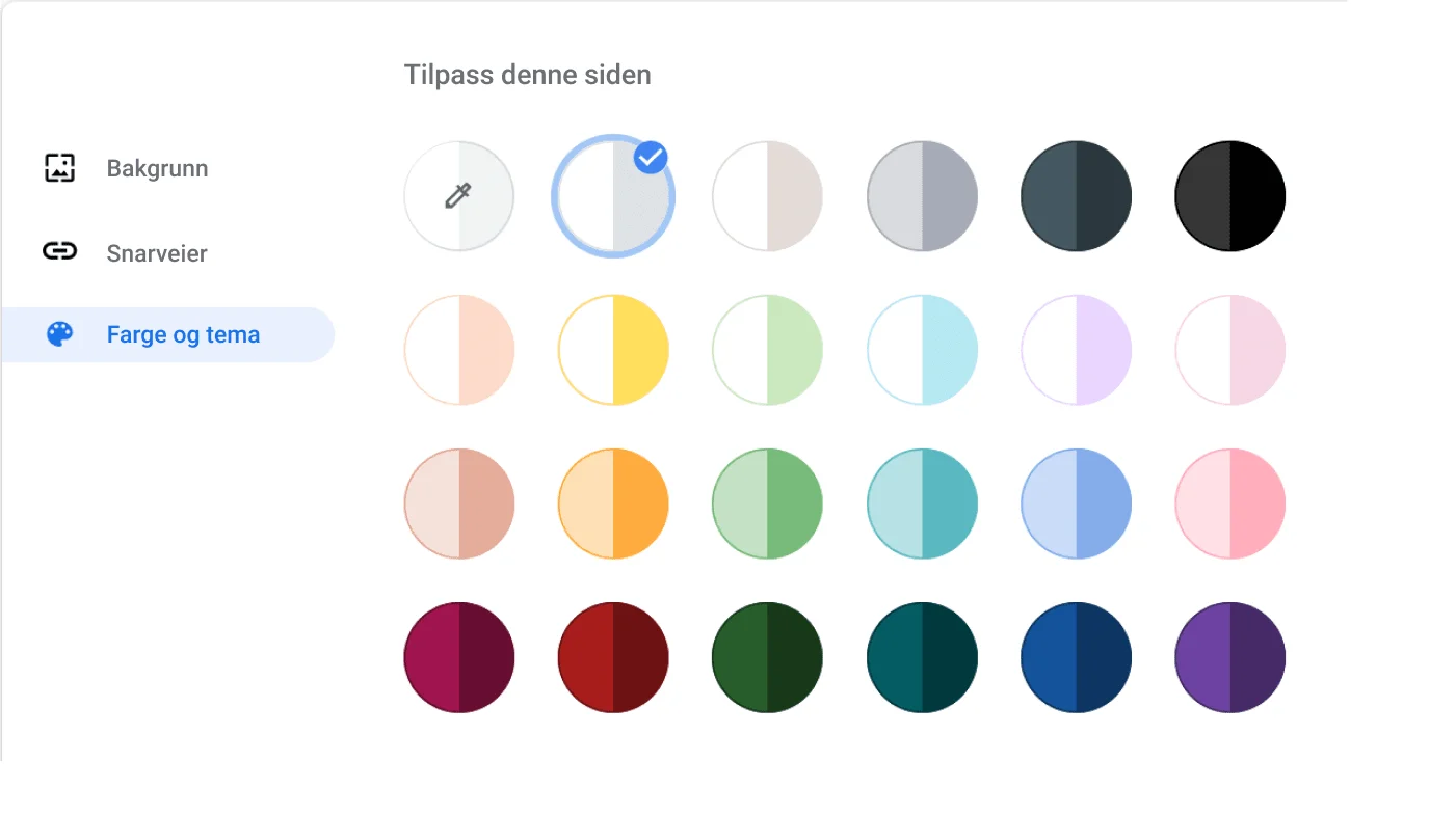 Innstillingsvindu i Chrome-nettleseren som viser Farge og tema-dialogboksen.