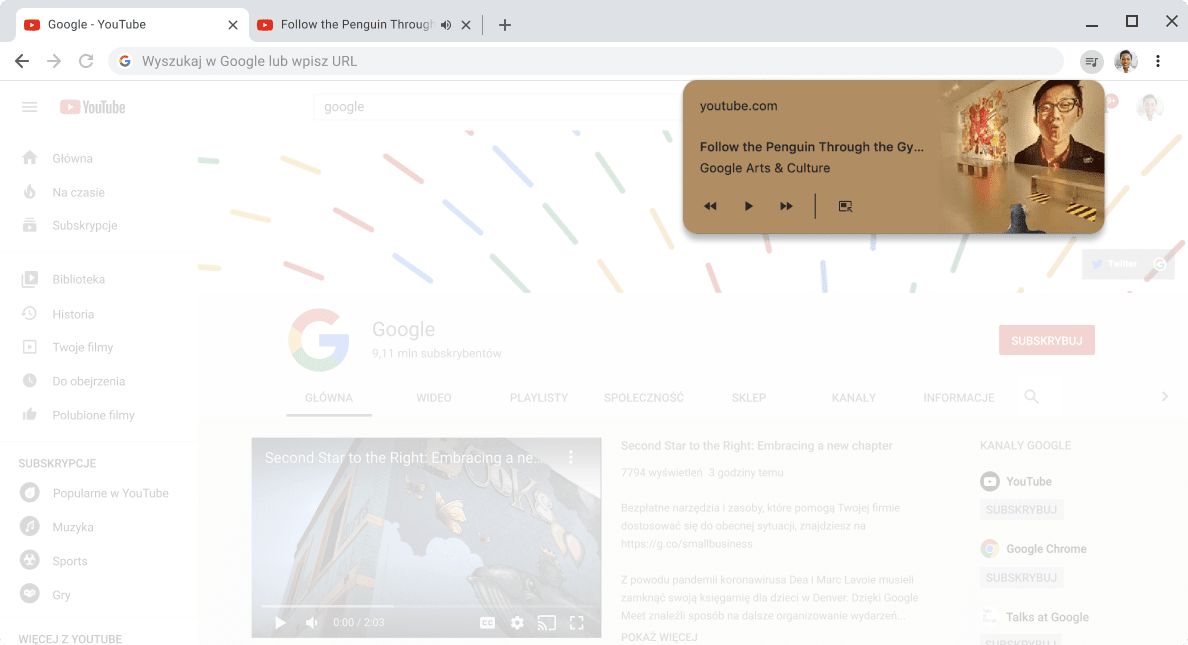 Okno przeglądarki Chrome z otwartym oknem dialogowym opcji sterowania multimediami.