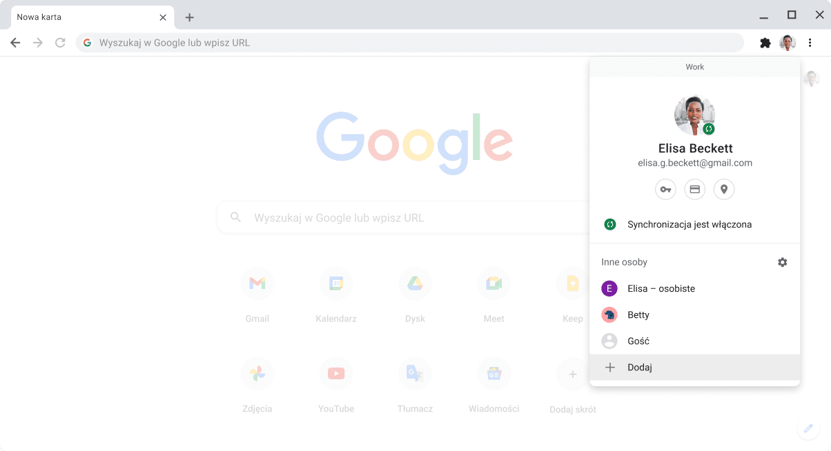 Przeglądarka Chrome wyświetlająca okno przełączania profilu.