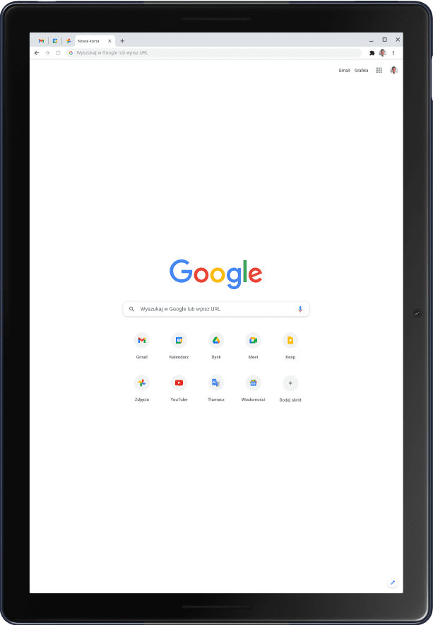 Tablet Pixel Slate w trybie portretowym ze stroną główną Google.