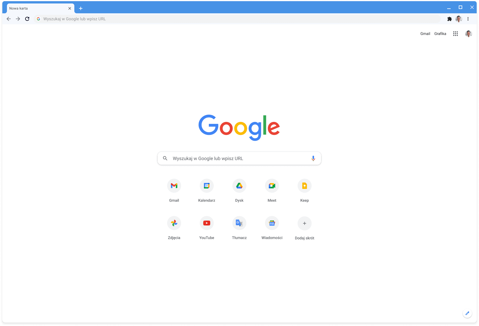 Okno przeglądarki Chrome z motywem klasycznym i otwartą stroną Google.com