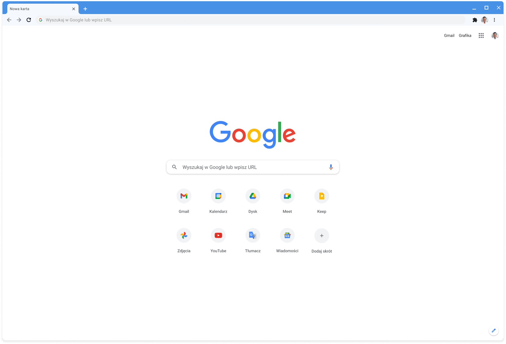 Okno przeglądarki Chrome z motywem klasycznym i otwartą stroną Google.com