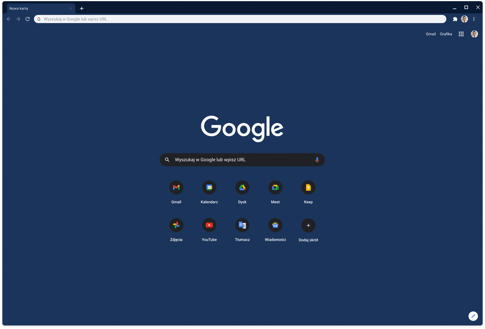 Okno przeglądarki Chrome z motywem Slate i otwartą stroną Google.com