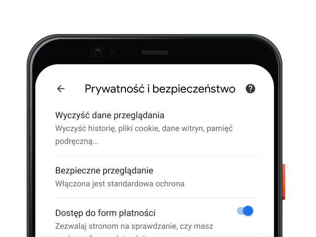 Strona ustawień prywatności i zabezpieczeń w przeglądarce Chrome na urządzeniu mobilnym.