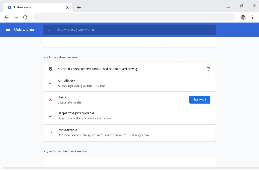 Okno przeglądarki Chrome z otwartą stroną ustawień konta i synchronizacji konta Google, na której synchronizacja jest włączona.