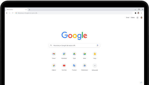 Lewy górny róg laptopa Pixelbook Go z adresem Google.com widocznym na pasku adresu oraz ulubionymi aplikacjami.