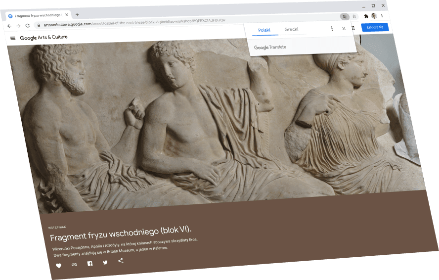 Strona Google Kultura i sztuka z oknem Tłumacza Google powyżej, z tłumaczeniem na angielski.