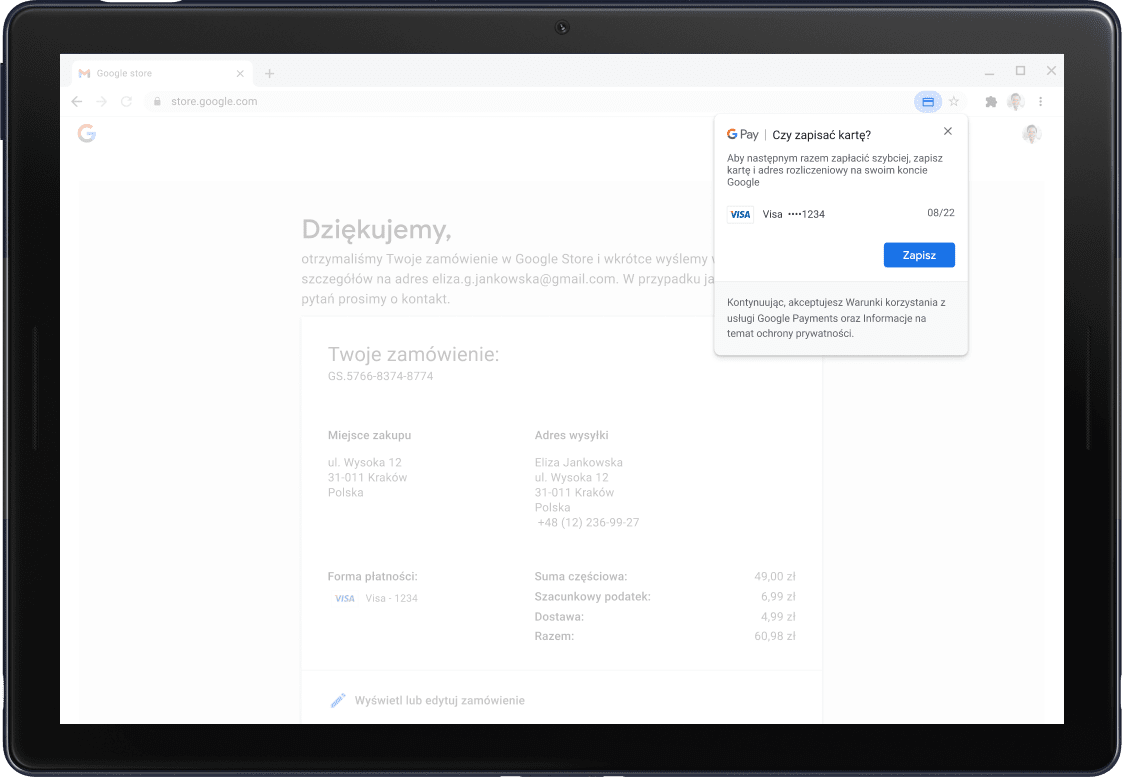 Google Pay confirmation screen shown on a Pixel Slate Tablet.