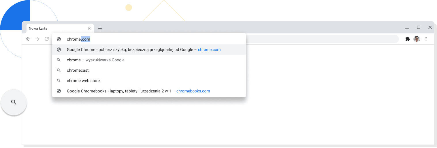 Powiększony widok nowej karty w oknie przeglądarki Chrome z adresem chrome.com wpisanym na pasku adresu.