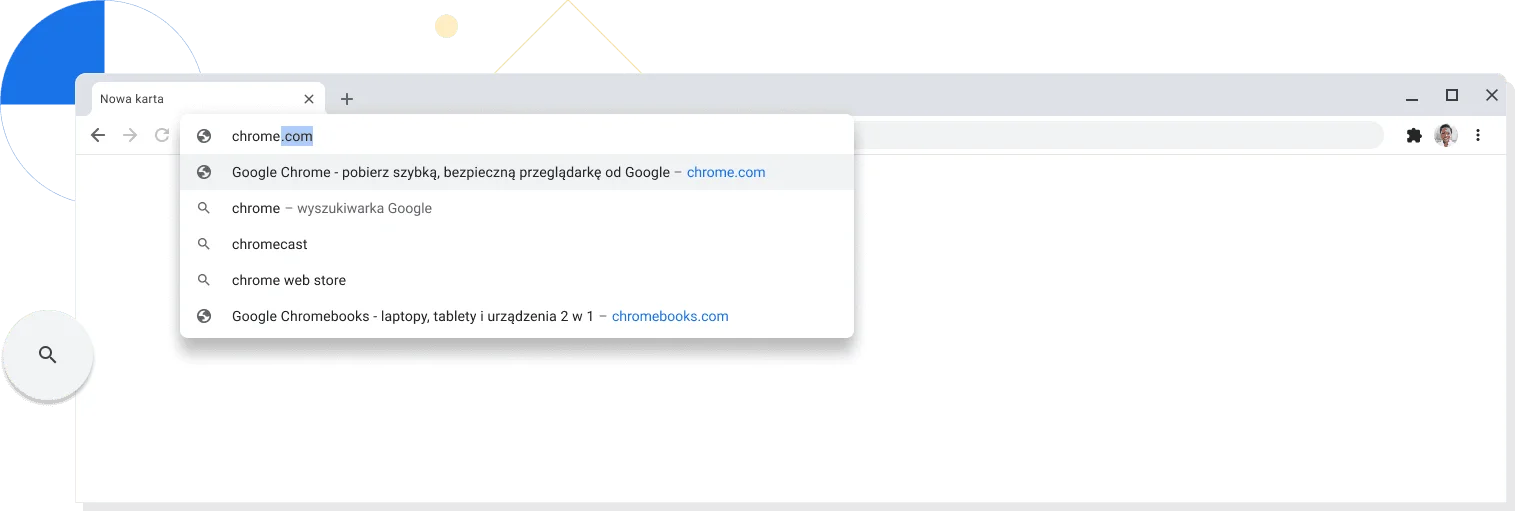 Powiększony widok nowej karty w oknie przeglądarki Chrome z adresem chrome.com wpisanym na pasku adresu.