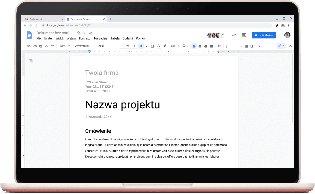 Ekran Dokumentów Google z otwartym szablonem projektu.