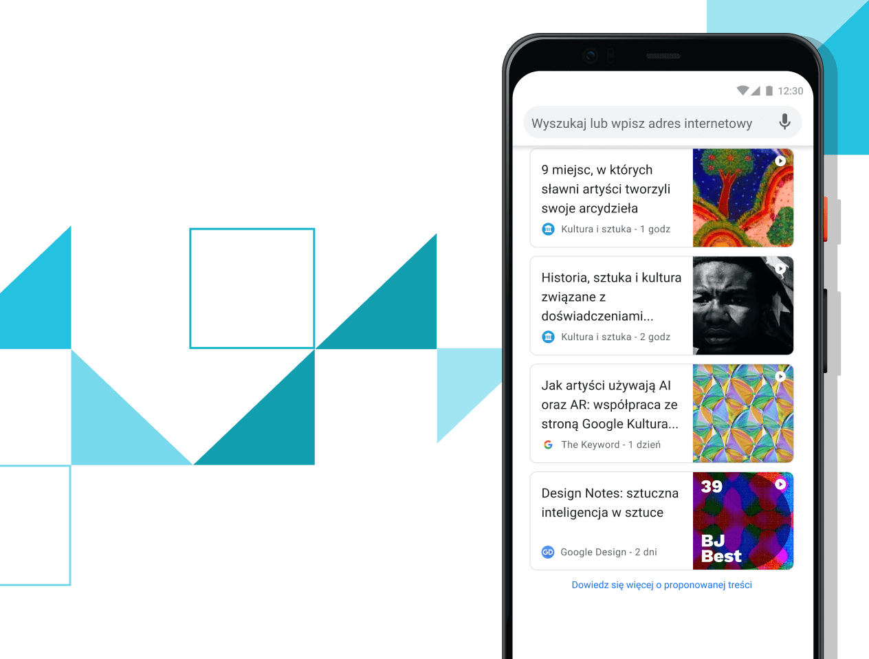 Artykuły dla Ciebie Ekran telefonu Pixel 4 XL wyświetlający linki do wybranych artykułów.