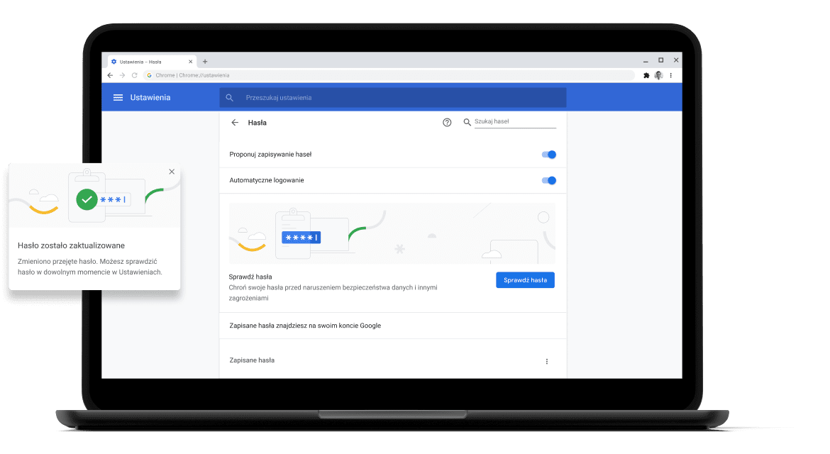 Sprawdzanie hasła Pixelbook Go laptop with screen displaying Chrome password check with a passsword update dialog box.