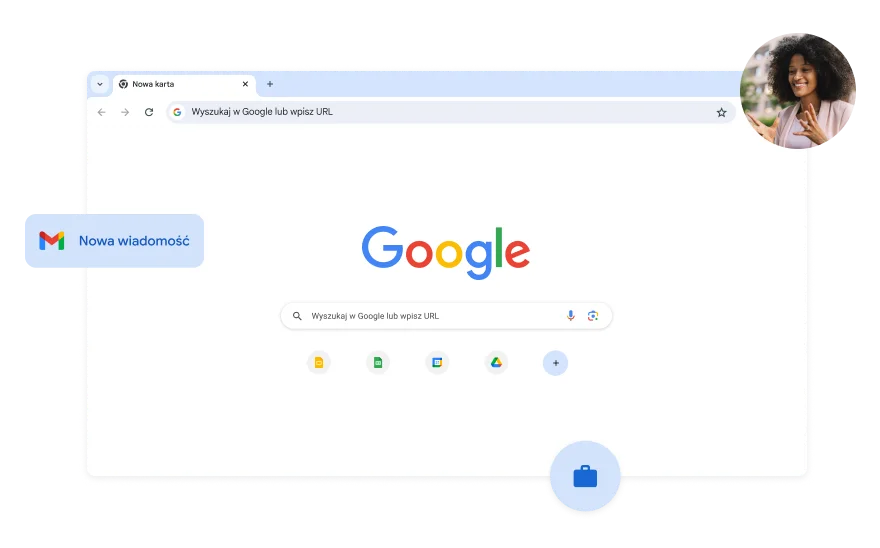 Białe tło strony w wyszukiwarce Google. W rogu widać zdjęcie kobiety.