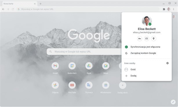 Okno przeglądarki Chrome z otwartą stroną ustawień konta i synchronizacji konta Google, na której synchronizacja jest włączona.