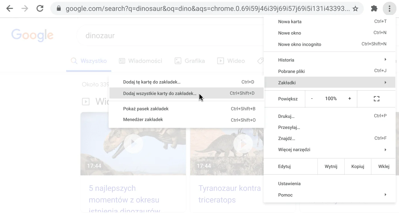 Okno przeglądarki Chrome z oknem dialogowym pokazującym opcję Dodaj wszystkie karty do zakładek.