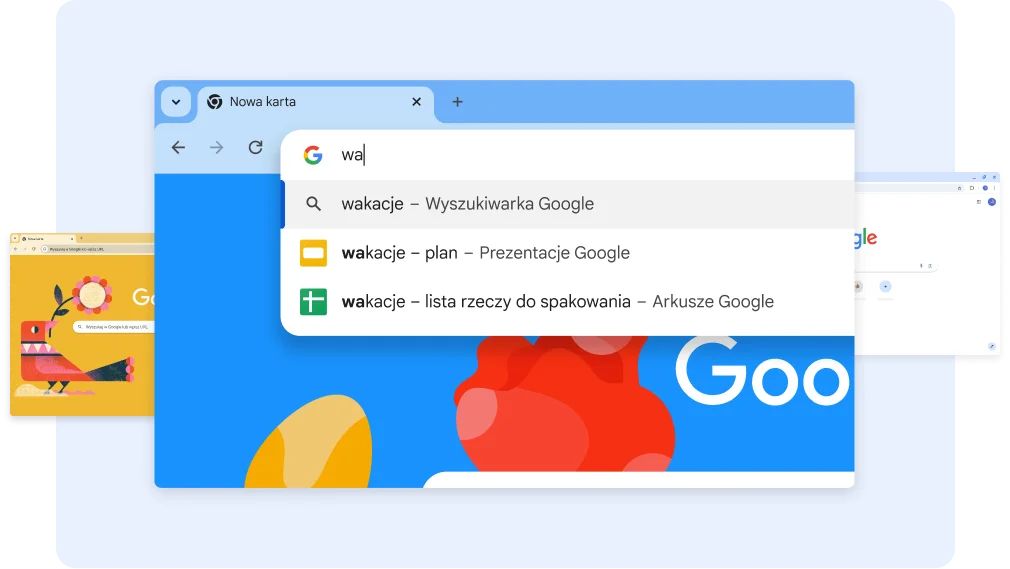 Wyszukiwanie „wa” powoduje wyświetlenie dokumentów związanych z wakacjami, a kliknięcie skrótu Arkuszy powoduje wyświetlenie arkusza z listą rzeczy do spakowania na wakacje.