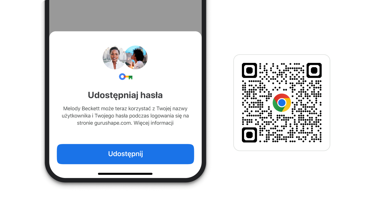 Moduł Chrome umożliwiający udostępnianie haseł. Obok niego wyświetla się kod QR, za pomocą którego można pobrać Chrome.