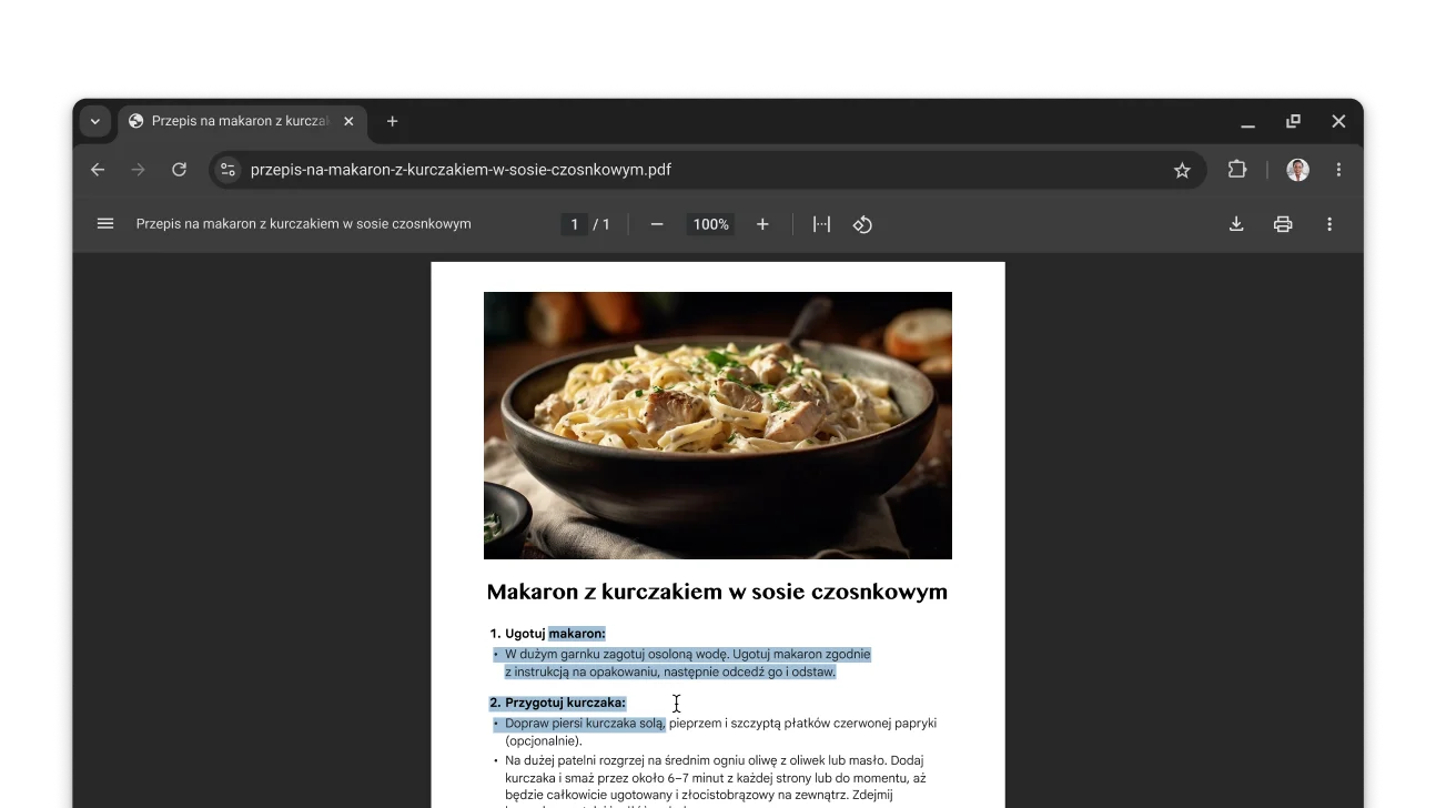 W oknie przeglądarki Chrome jest otwarty plik PDF z przepisem. Użytkownik zaznaczył w nim tekst.