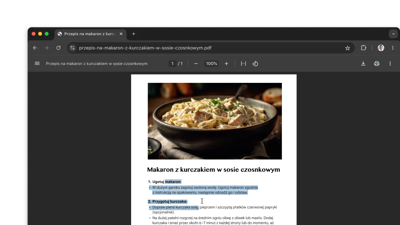 W oknie przeglądarki Chrome jest otwarty plik PDF z przepisem. Użytkownik zaznaczył w nim tekst.