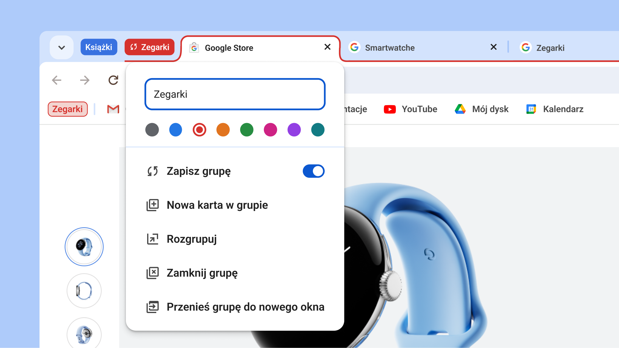 Otwarte menu grupy kart z widocznymi nowymi opcjami zapisywania i ukrywania grupy