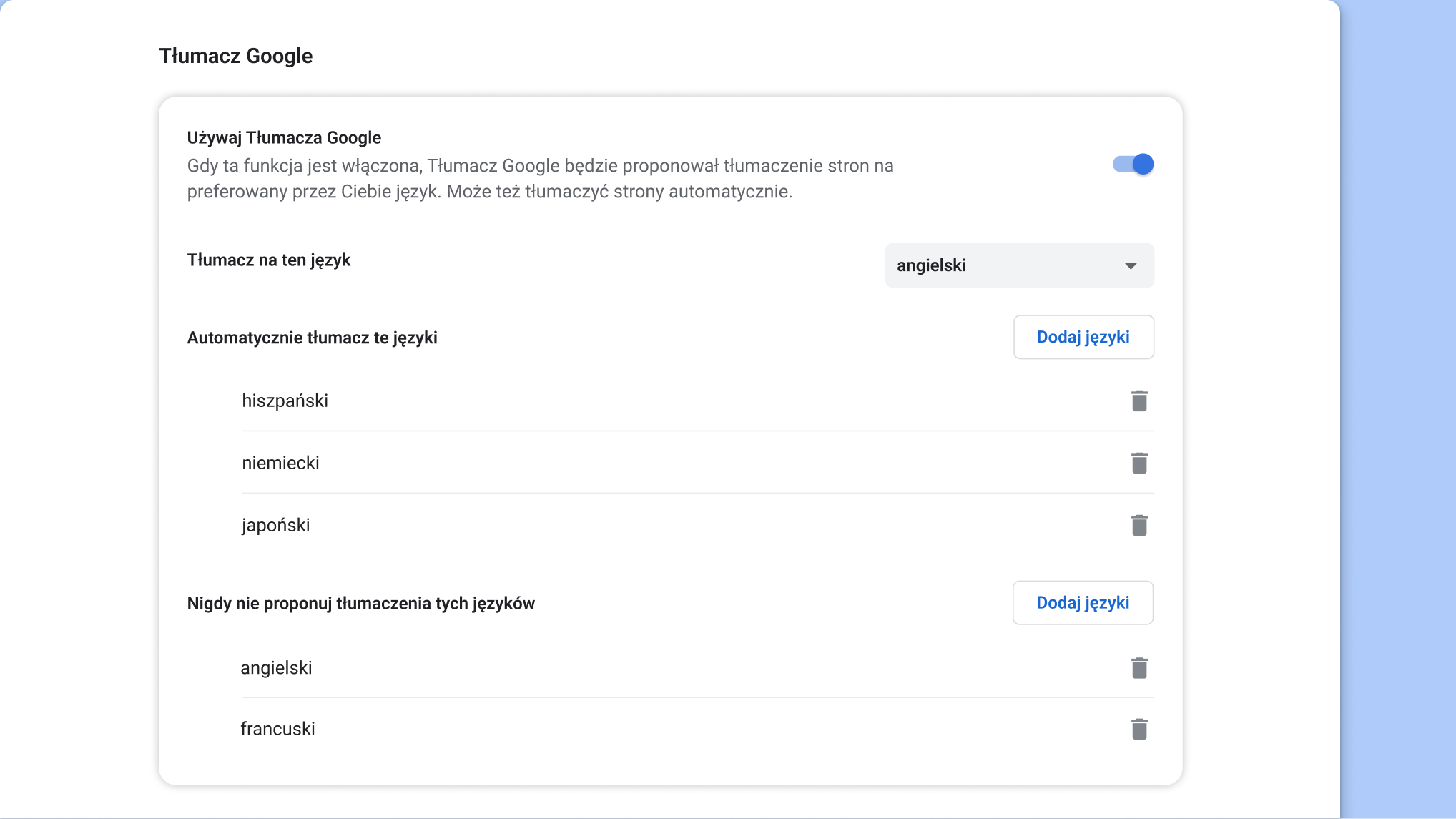 Strona ustawień Tłumacza Google w Chrome