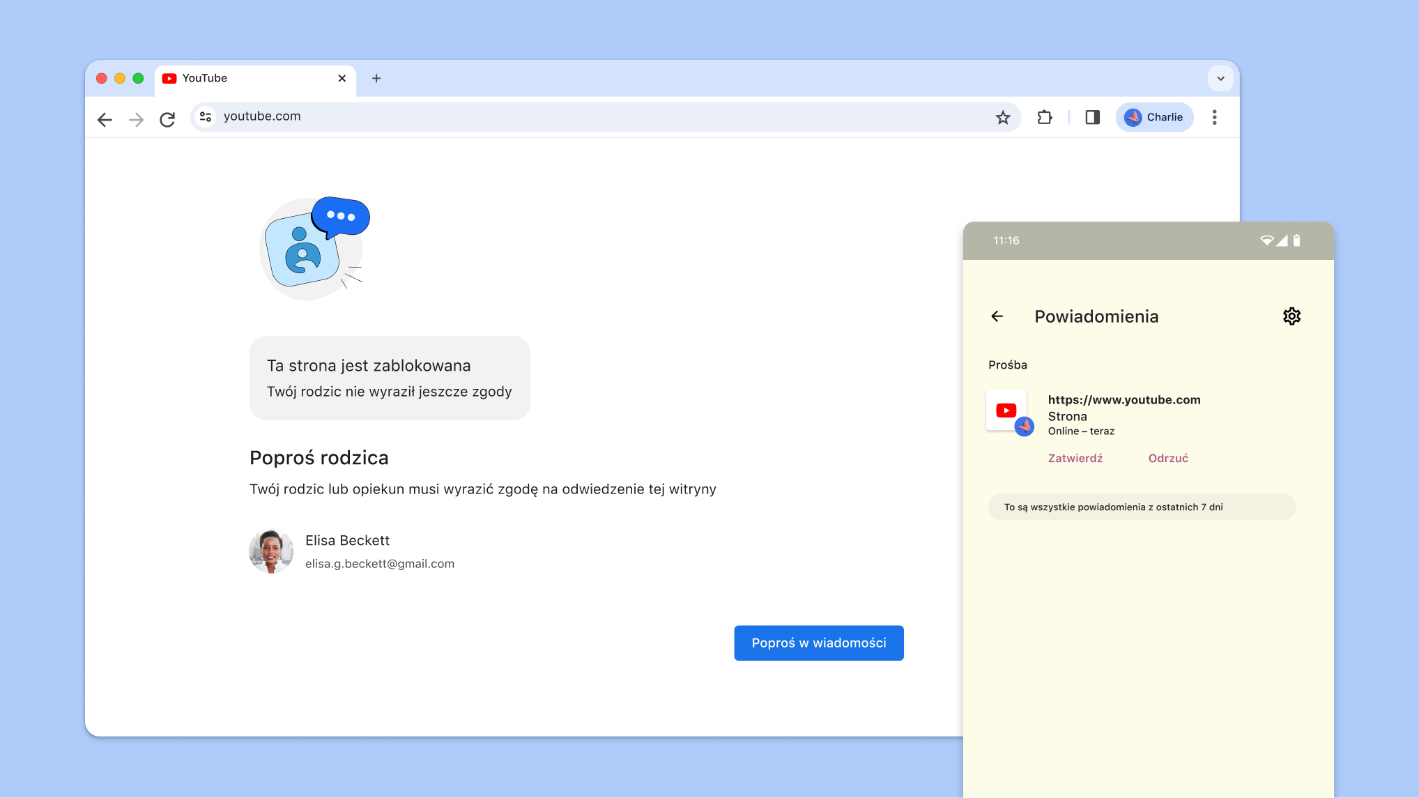 Strona zablokowana przez kontrolę rodzicielską i powiadomienie z aplikacji Family Link umożliwiające zaakceptowanie jej wyświetlenia