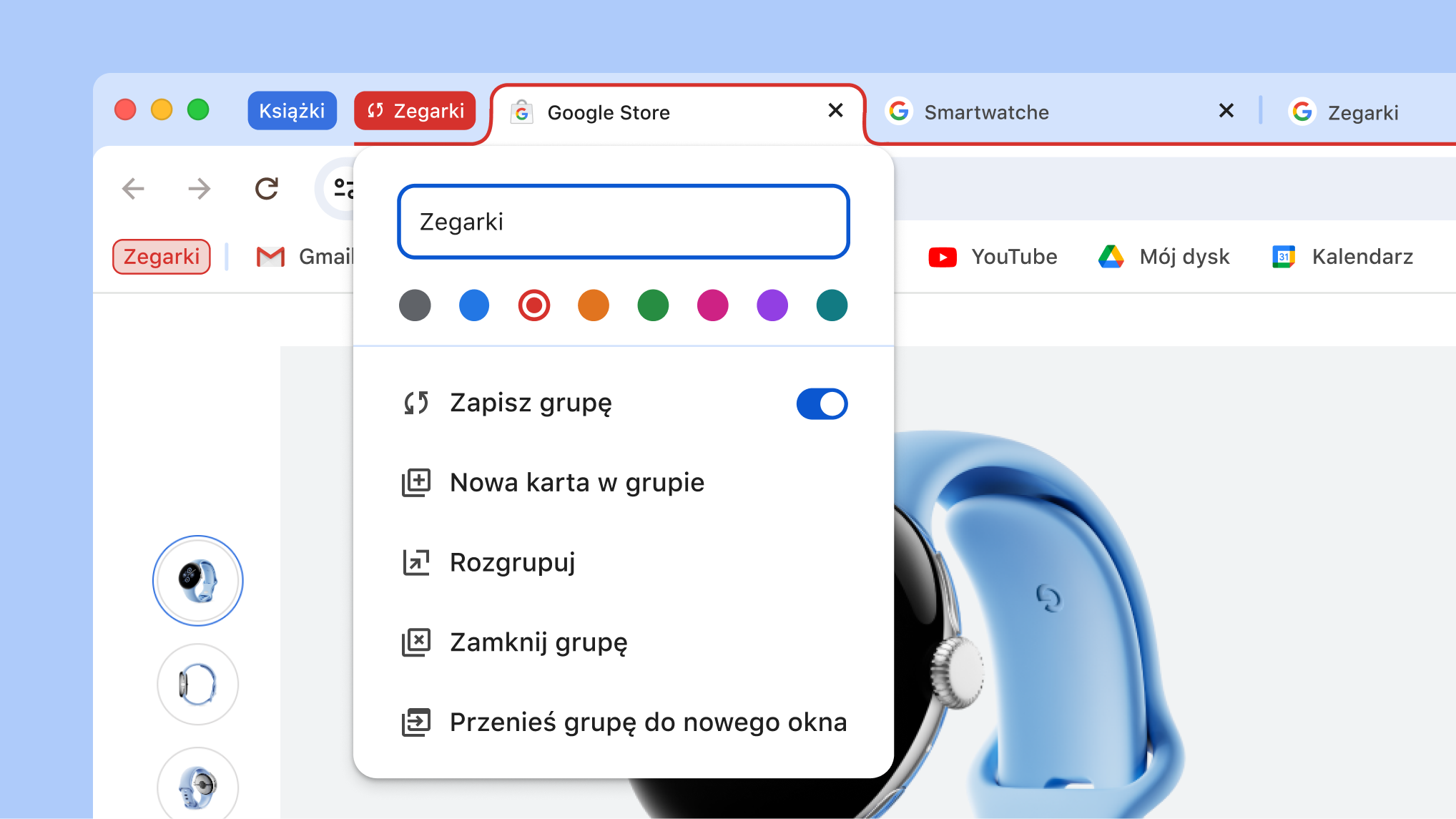Otwarte menu grupy kart z widocznymi nowymi opcjami zapisywania i ukrywania grupy